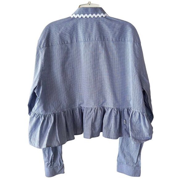 Custom Cropped Ruffle Edge Button Up Shirt L Gingham Mini Checker Rick Rack Trim - Picture 3 of 8